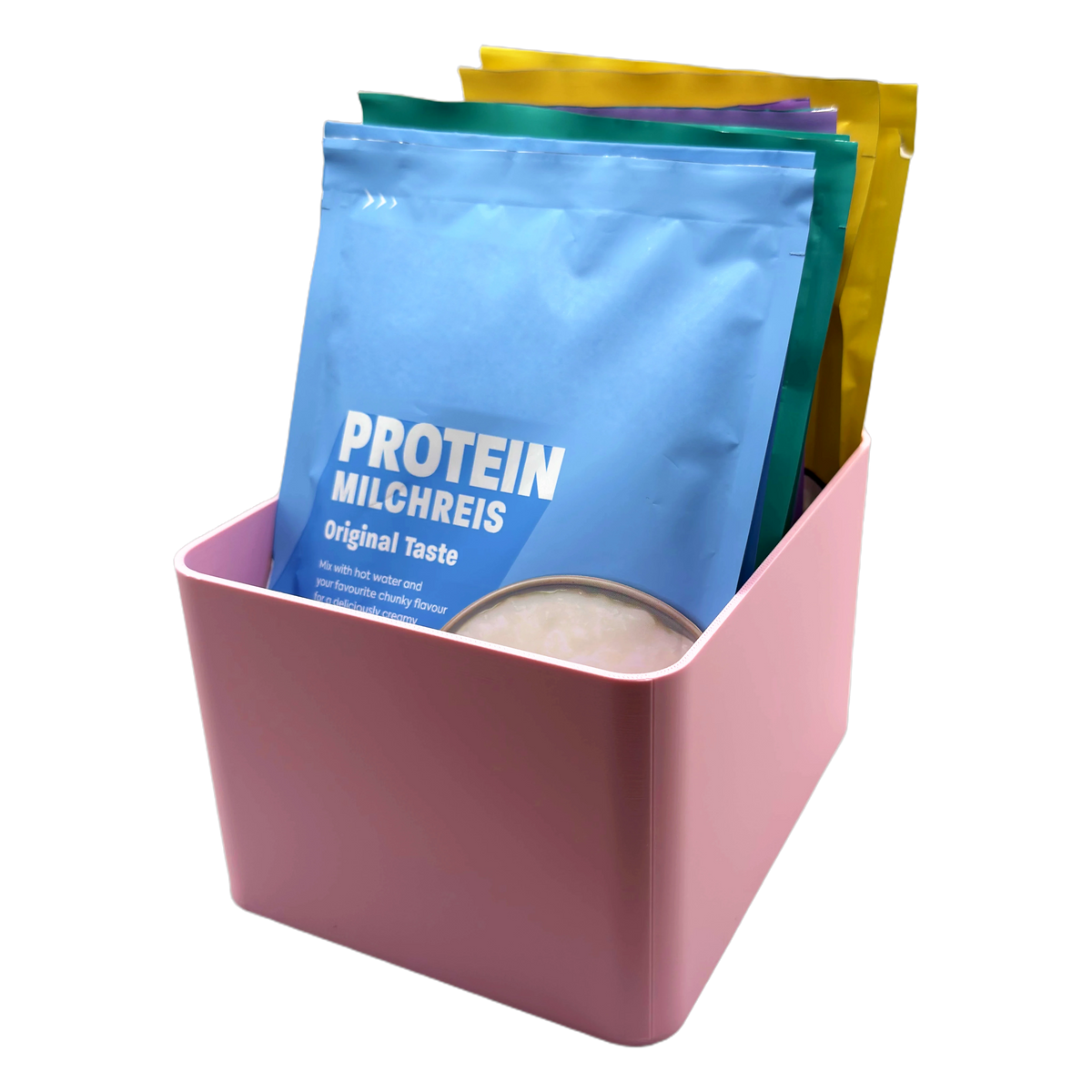 Sachet Box in Sakura Pink — gefüllt mit aufrecht stehenden Portionsbeuteln