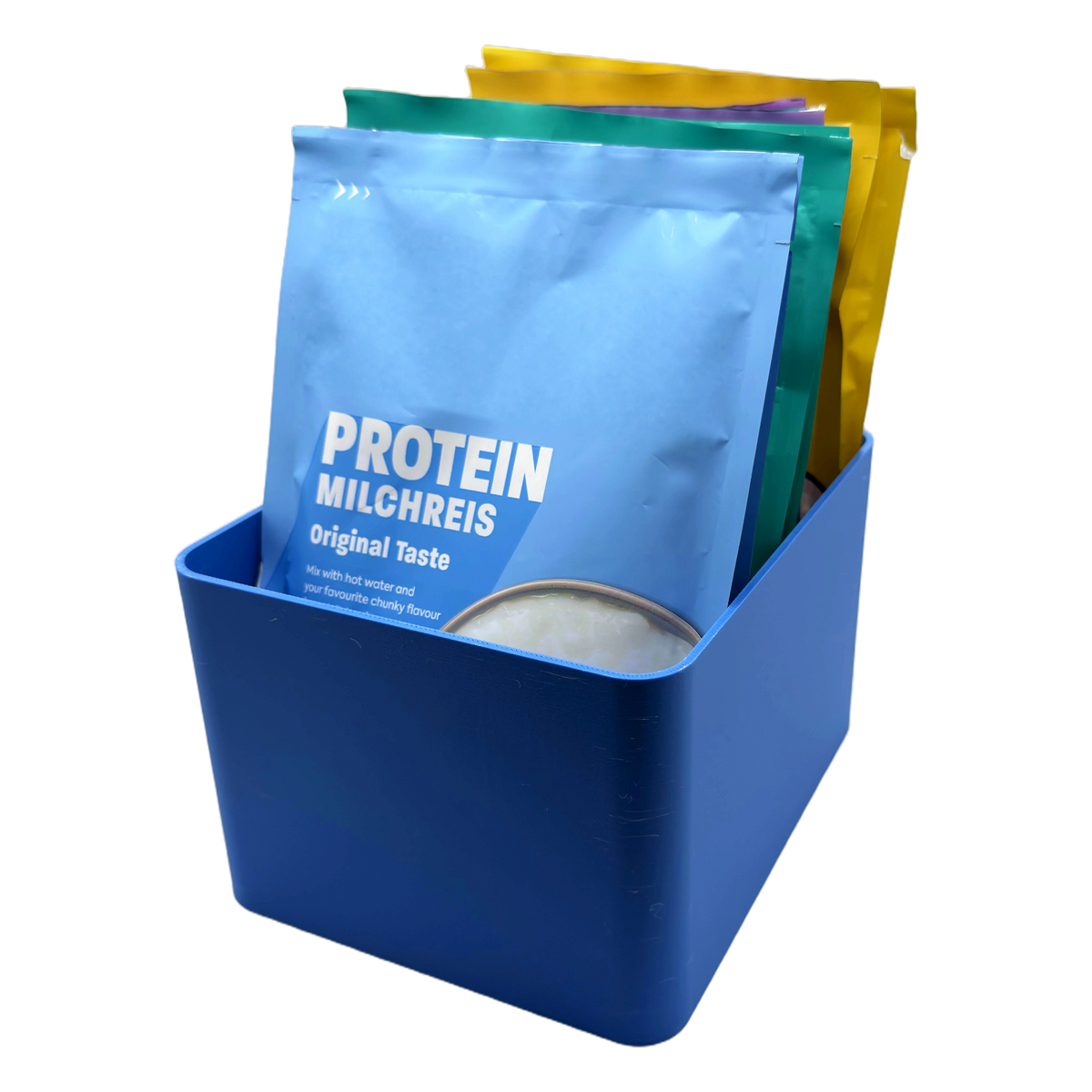 Sachet Box in Marine Blue — gefüllt mit aufrecht stehenden Portionsbeuteln