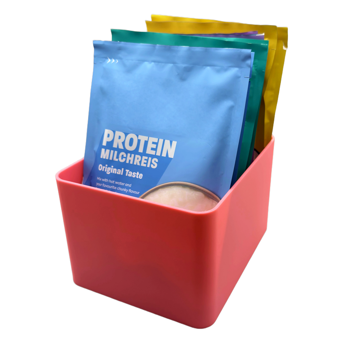 Sachet Box in Pink — gefüllt mit aufrecht stehenden Portionsbeuteln