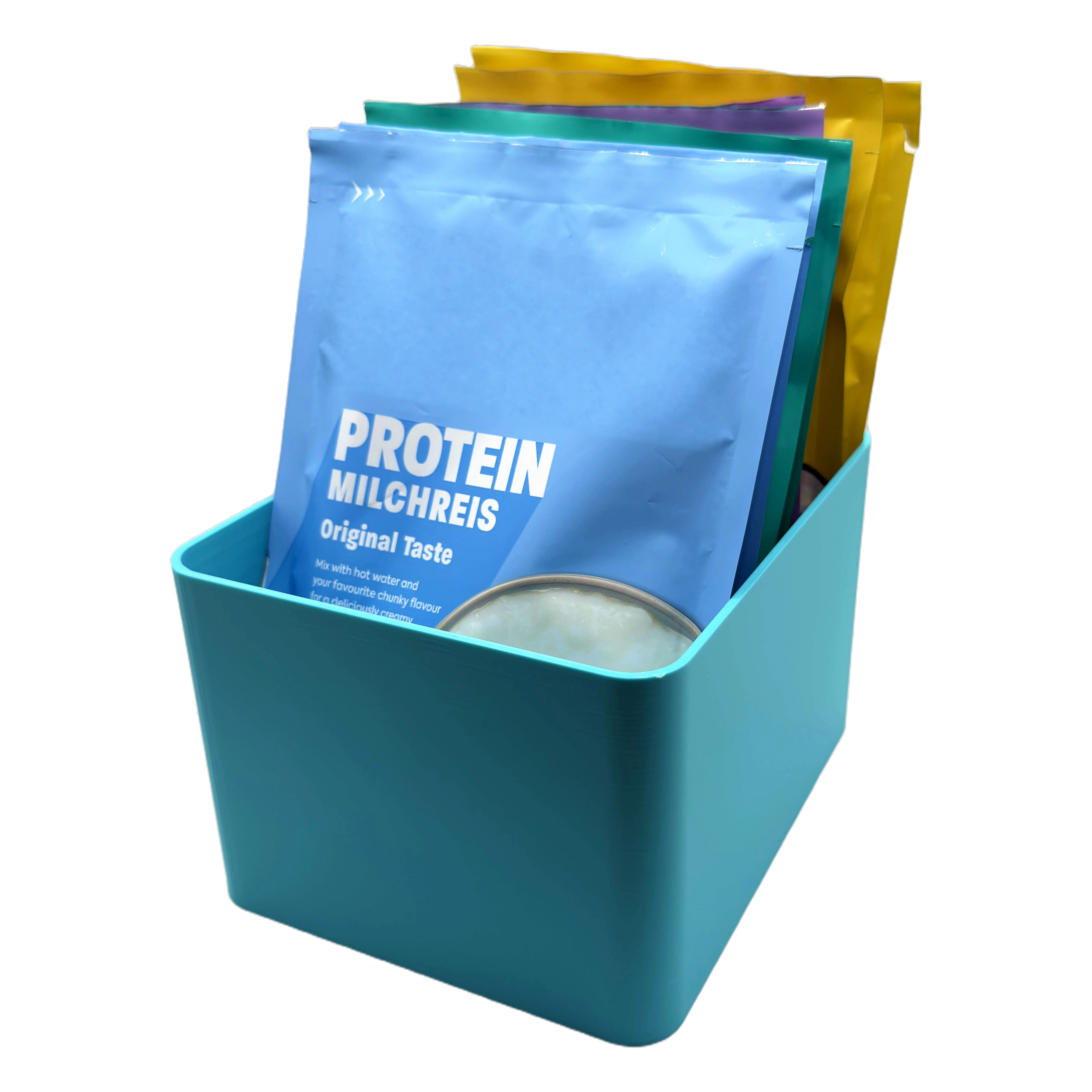Sachet Box in Turquoise — gefüllt mit aufrecht stehenden Portionsbeuteln