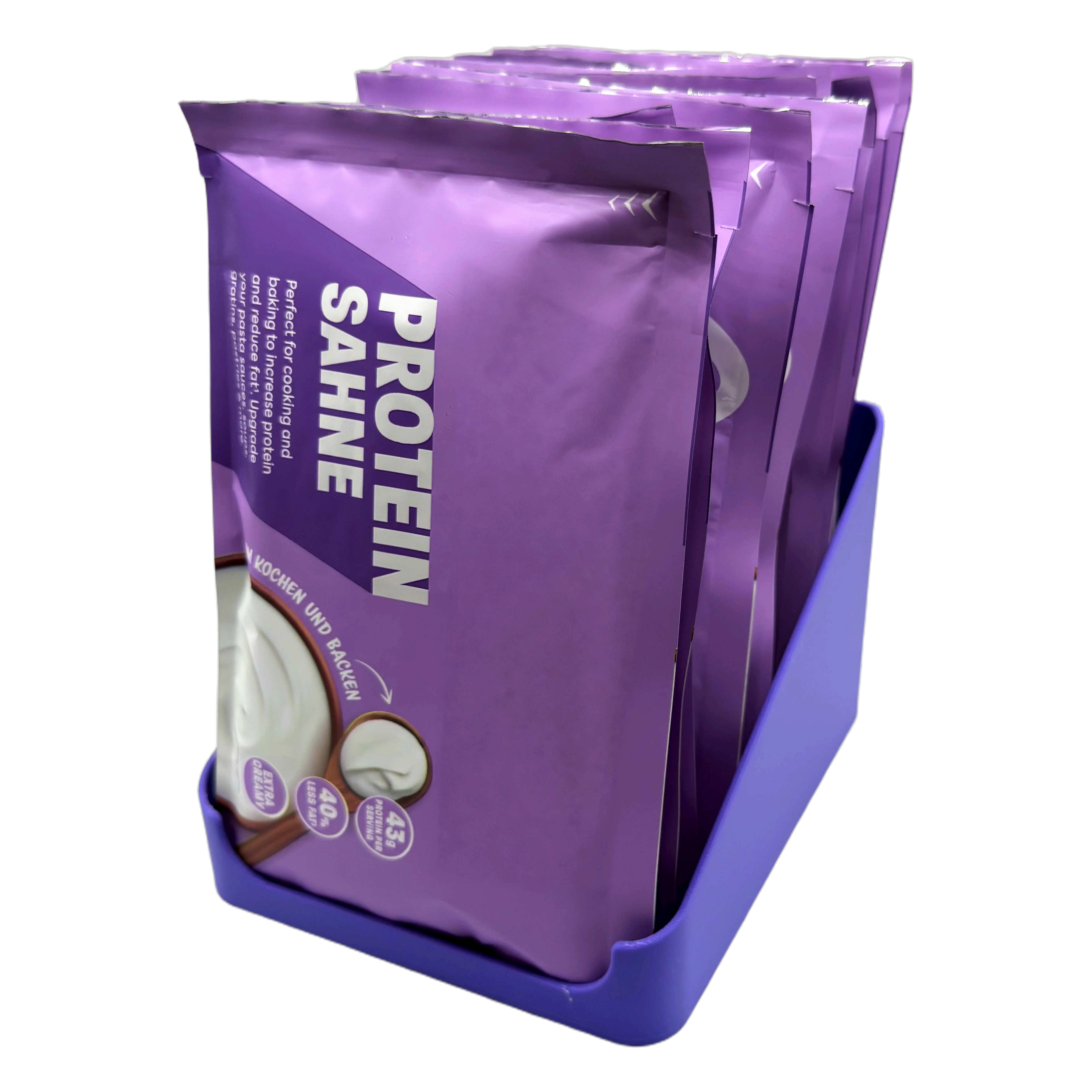 Sachet Box offen in Purple — gefüllt mit aufrecht stehenden Portionsbeuteln