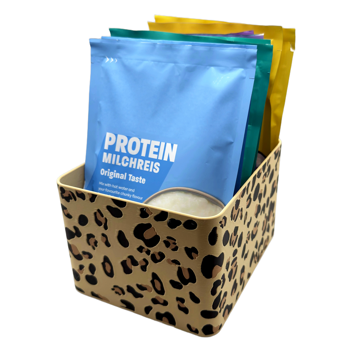 Sachet Box Leopard — gefüllt mit aufrecht stehenden Portionsbeuteln