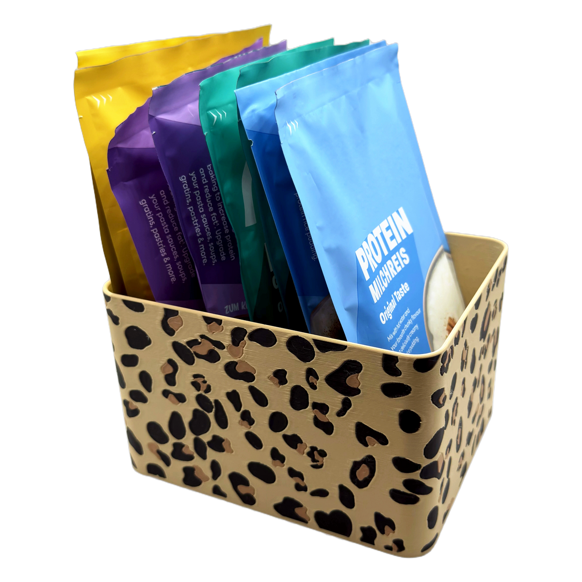 Sachet Box Leopard — gefüllt mit aufrecht stehenden Portionsbeuteln