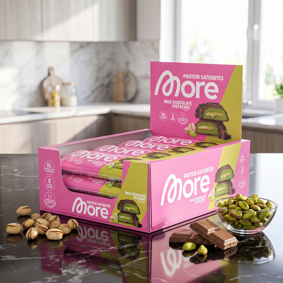 More Protein Satisbites Milk Chocolate Pistachio – Proteinriegel [aiimg128]